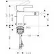 Einhebel-Bidetmischer von Hansgrohe mit Zugstangen-Ablaufgarnitur. Technische Zeichnung zeigt Abmessungen und Anschlussdetails.